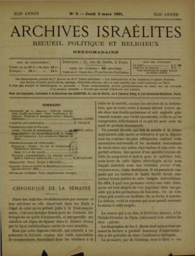 Archives israélites de France. Vol.42 N°09 (03 mars 1881)